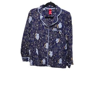 Women's Long Sleeve Button-Down Pajama Top Owl & Starry Night Print Navy Size XS